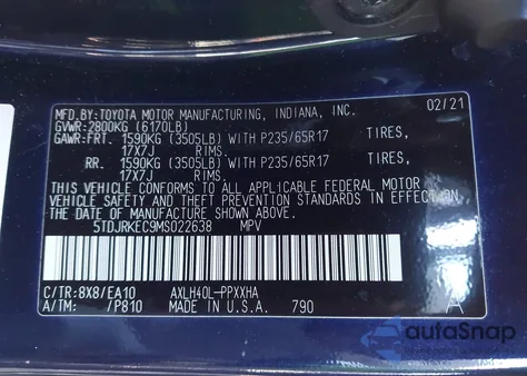 2021 Toyota Sienna Xle z USA, uszkodzony, nr VIN 5TDJRKEC9MS022638